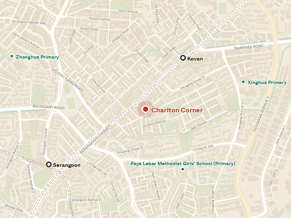 Map of the area around Charlton Corner, with nearby MRT stations and primary schools