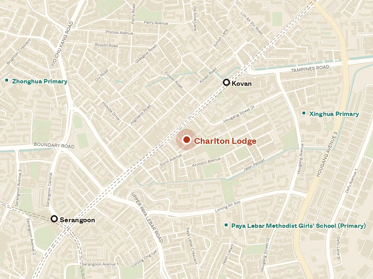 Map of the area around Charlton Lodge, with nearby MRT stations and primary schools