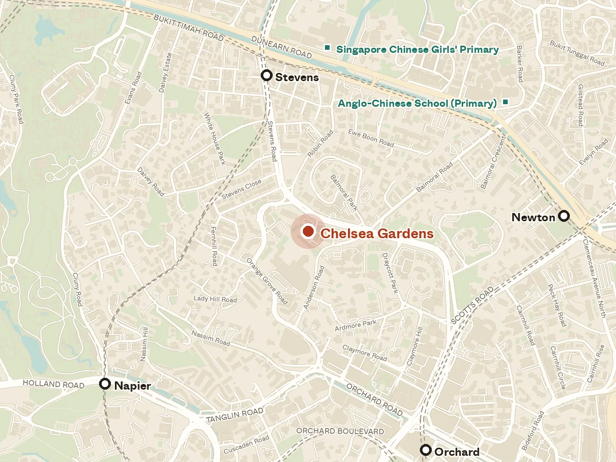 Map of the area around Chelsea Gardens, with nearby MRT stations and primary schools