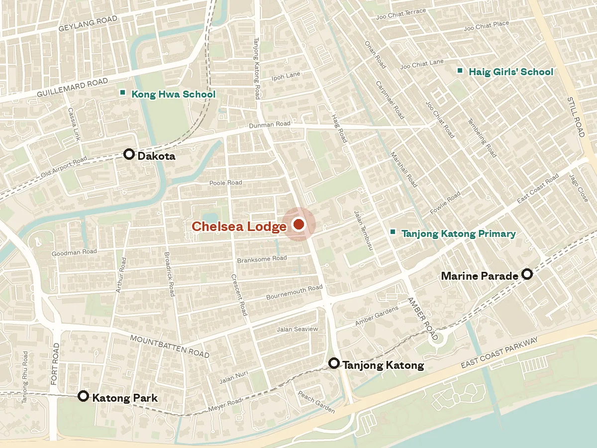 Map of the area around Chelsea Lodge, with nearby MRT stations and primary schools