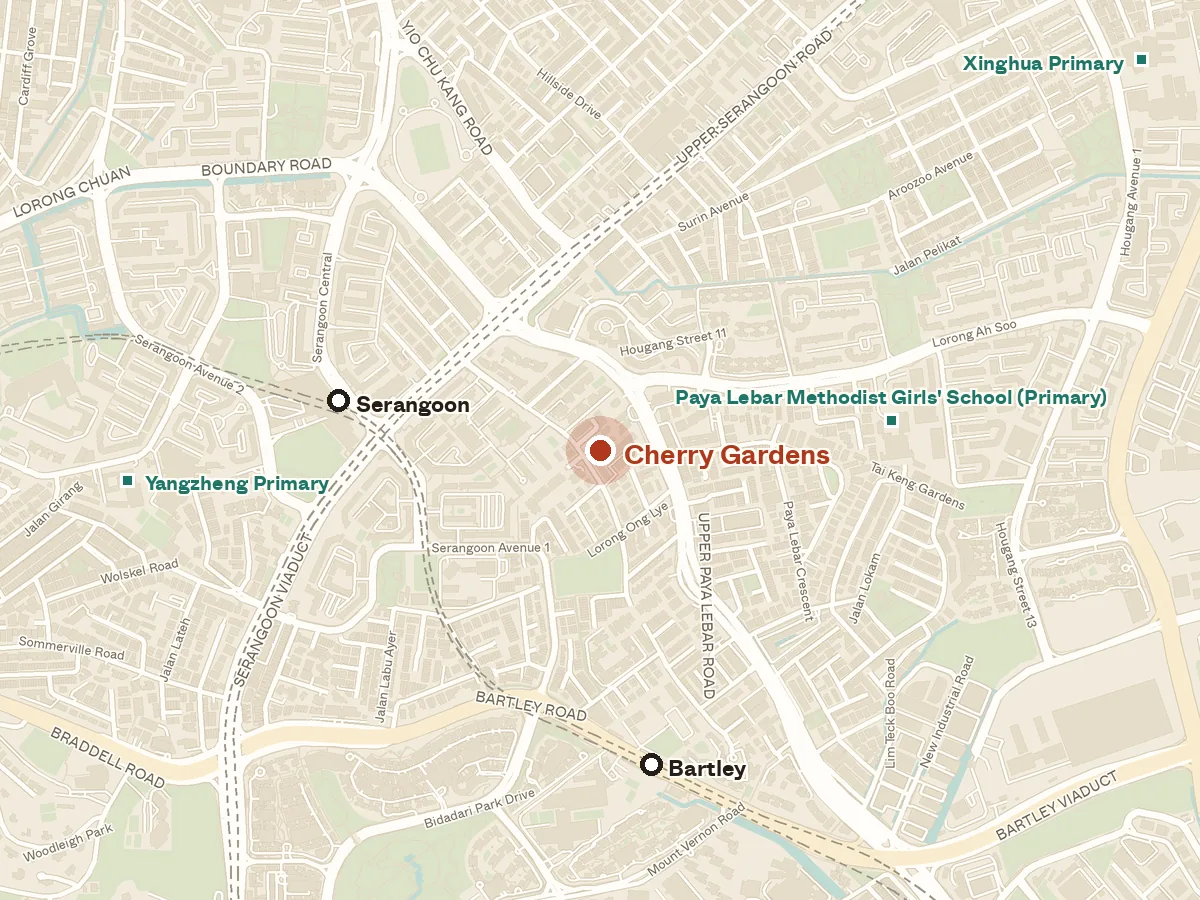 Map of the area around Cherry Gardens, with nearby MRT stations and primary schools
