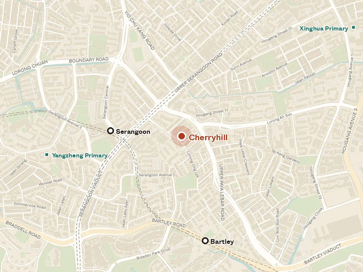 Map of the area around Cherryhill, with nearby MRT stations and primary schools