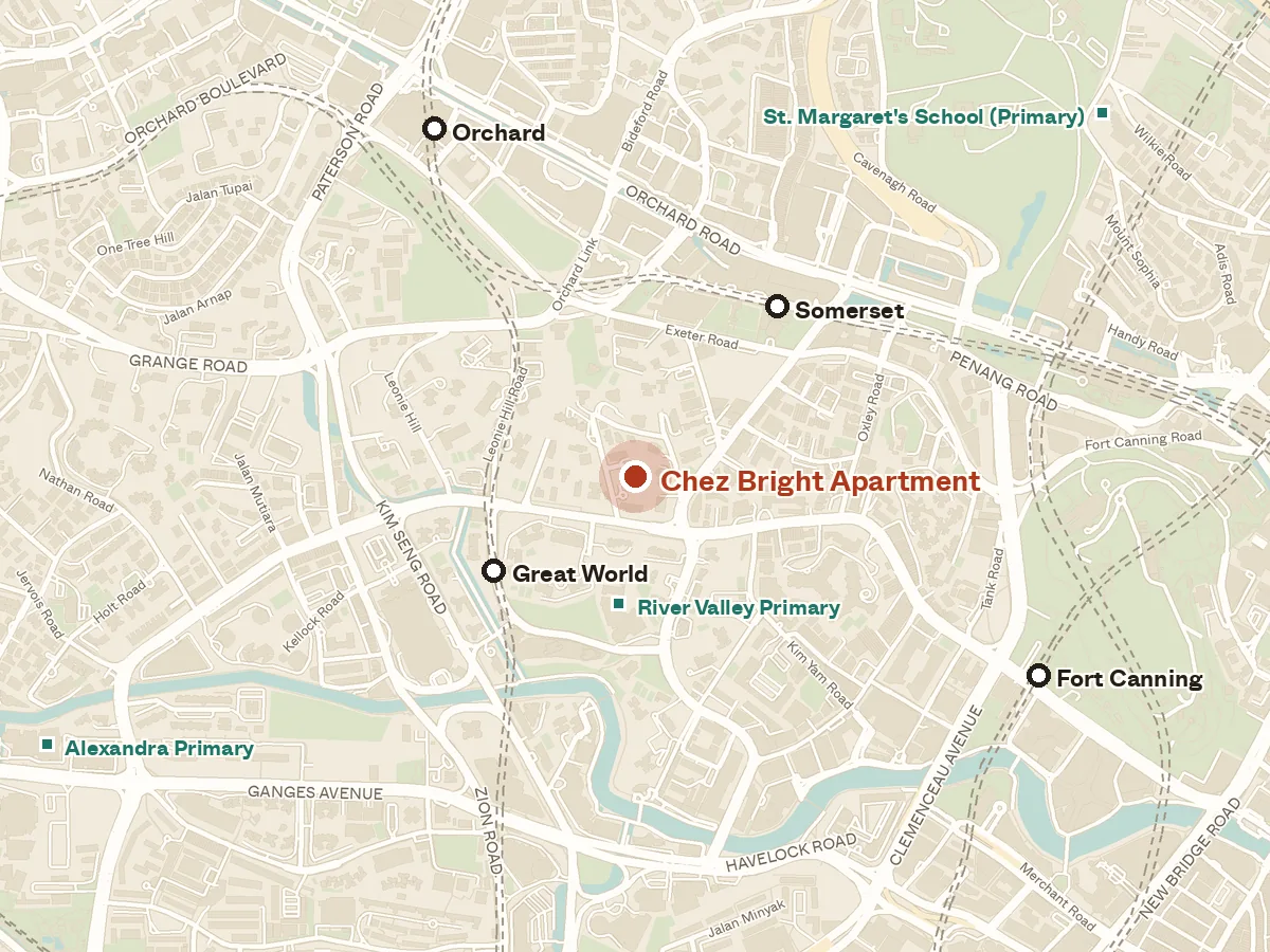 Map of the area around Chez Bright Apartment, with nearby MRT stations and primary schools