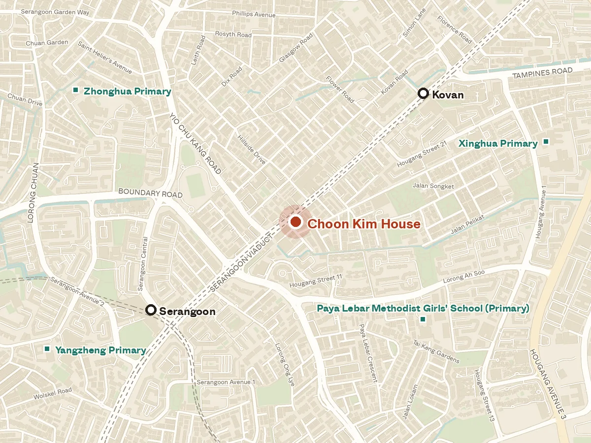 Map of the area around Choon Kim House, with nearby MRT stations and primary schools