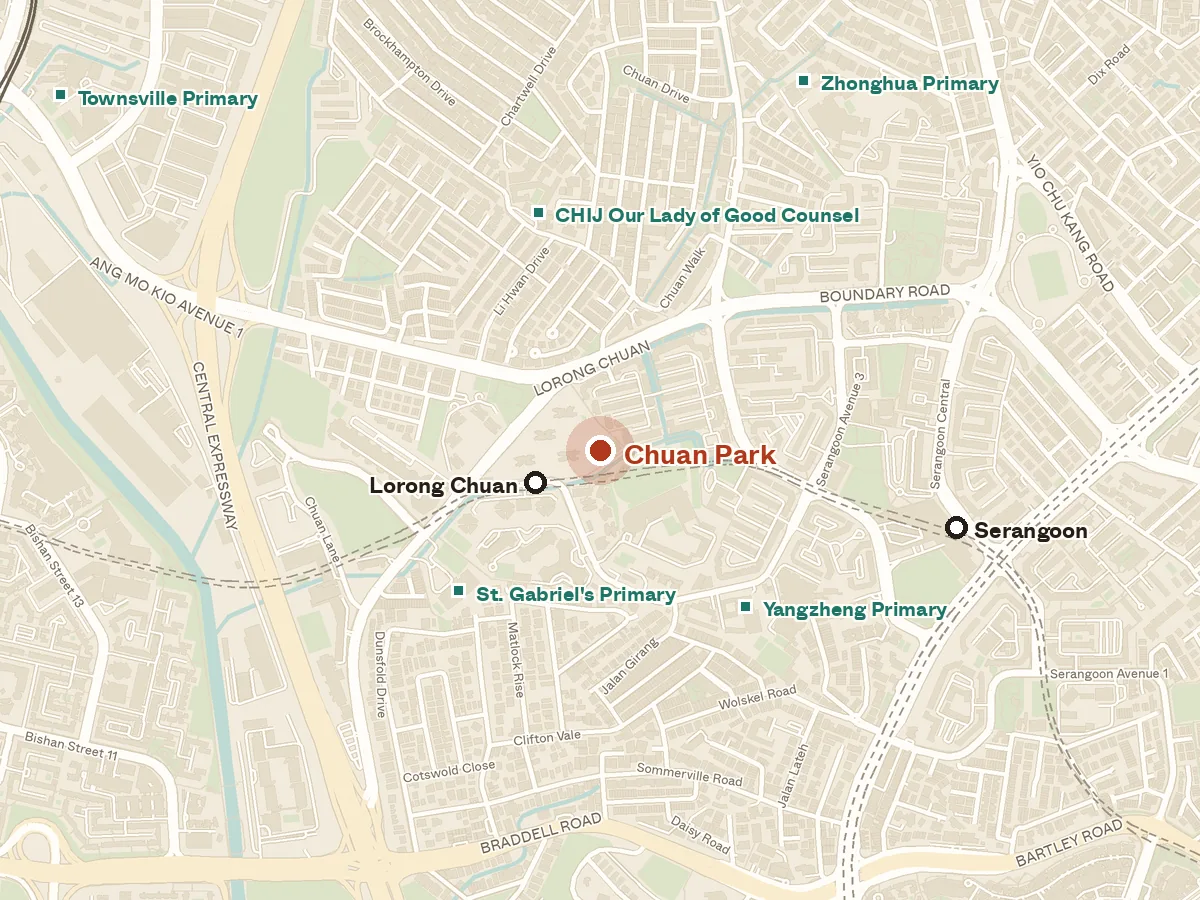 Map of the area around Chuan Park, with nearby MRT stations and primary schools