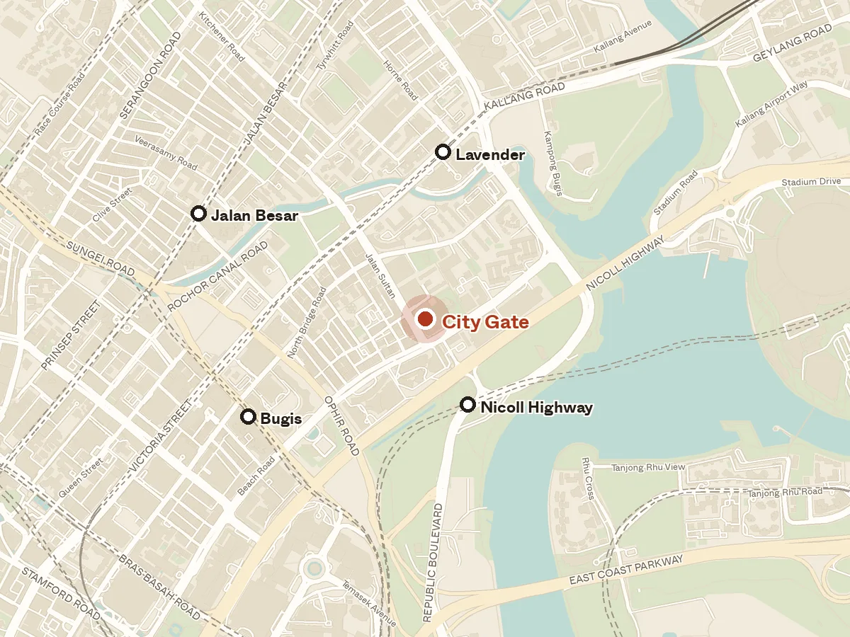 Map of the area around City Gate, with nearby MRT stations and primary schools