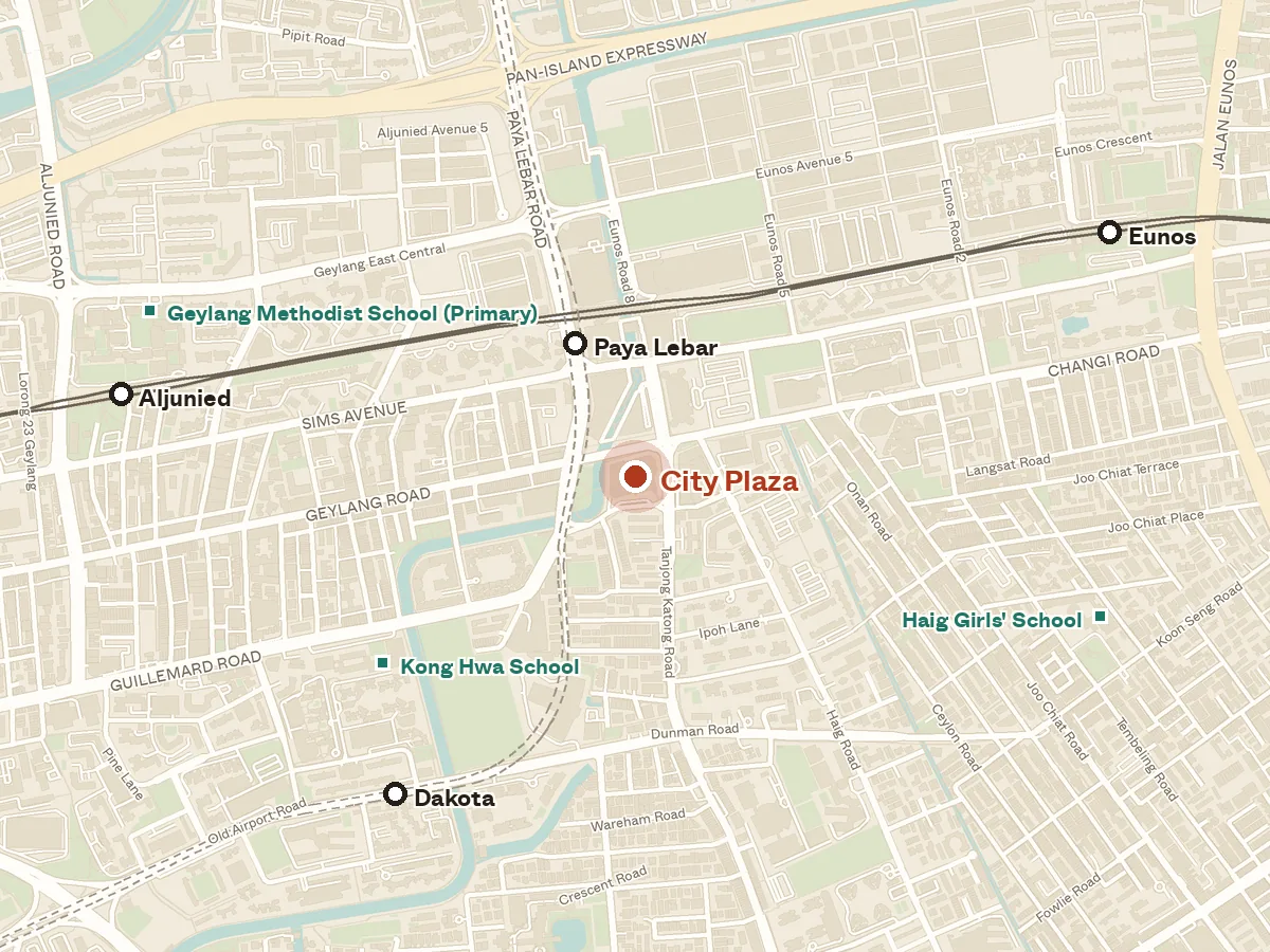 Map of the area around City Plaza, with nearby MRT stations and primary schools