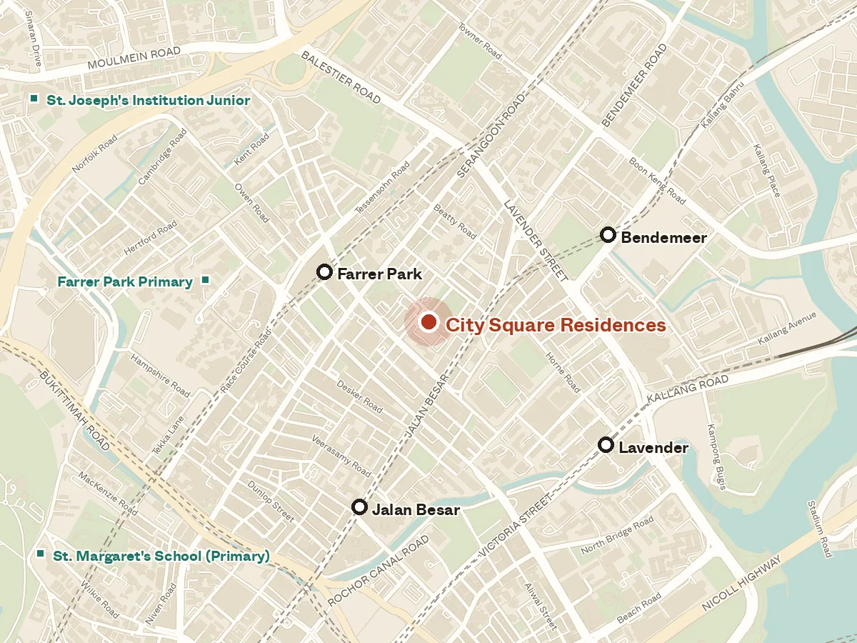 Map of the area around City Square Residences, with nearby MRT stations and primary schools