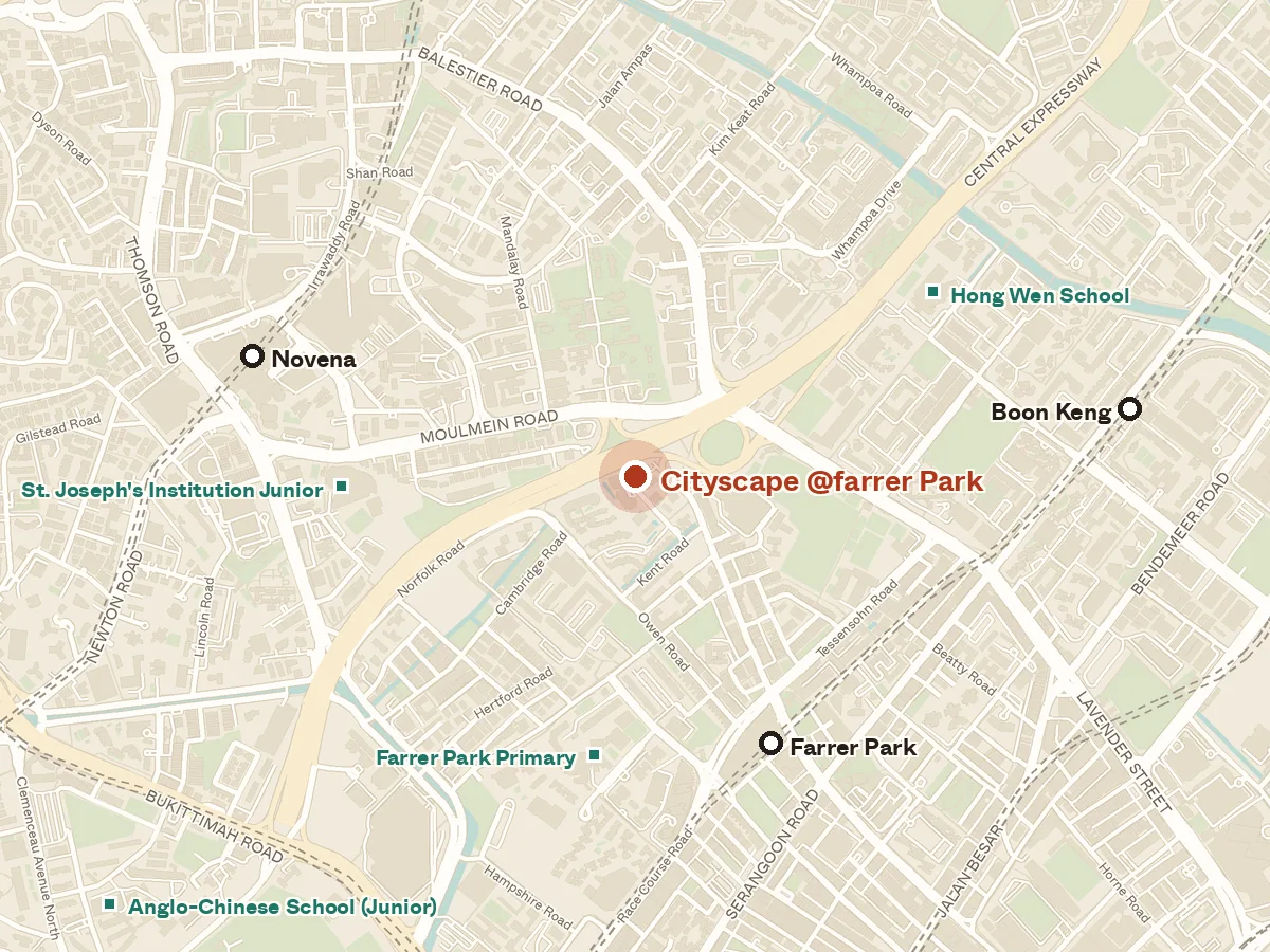Map of the area around Cityscape @farrer Park, with nearby MRT stations and primary schools
