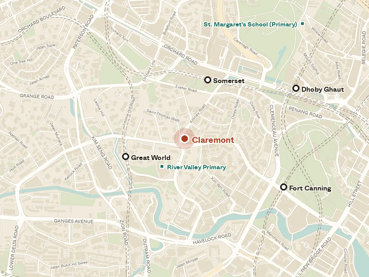 Map of the area around Claremont, with nearby MRT stations and primary schools