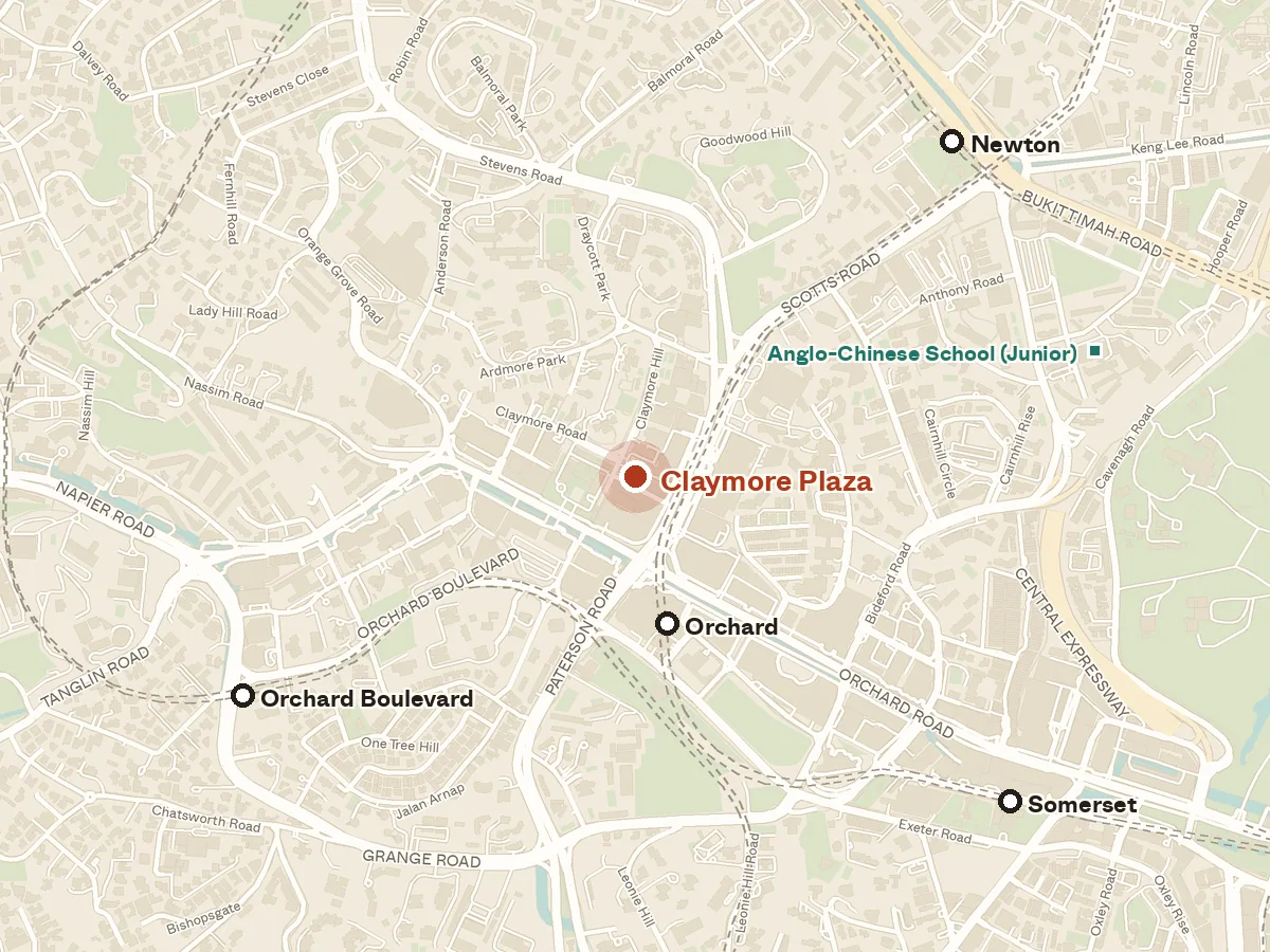 Map of the area around Claymore Plaza, with nearby MRT stations and primary schools