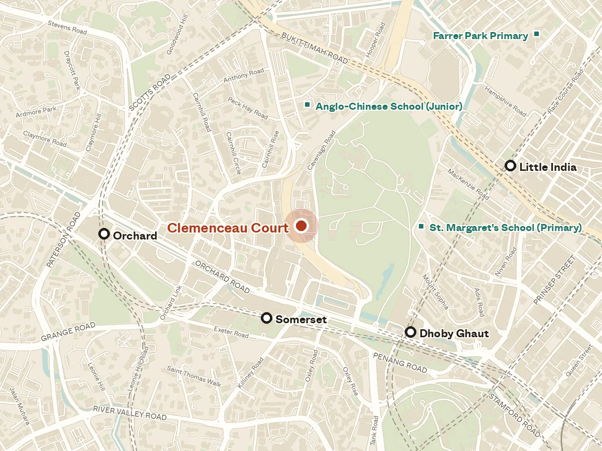 Map of the area around Clemenceau Court, with nearby MRT stations and primary schools