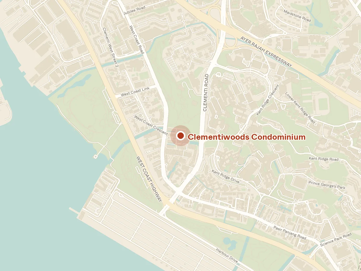 Map of the area around Clementiwoods Condominium, with nearby MRT stations and primary schools