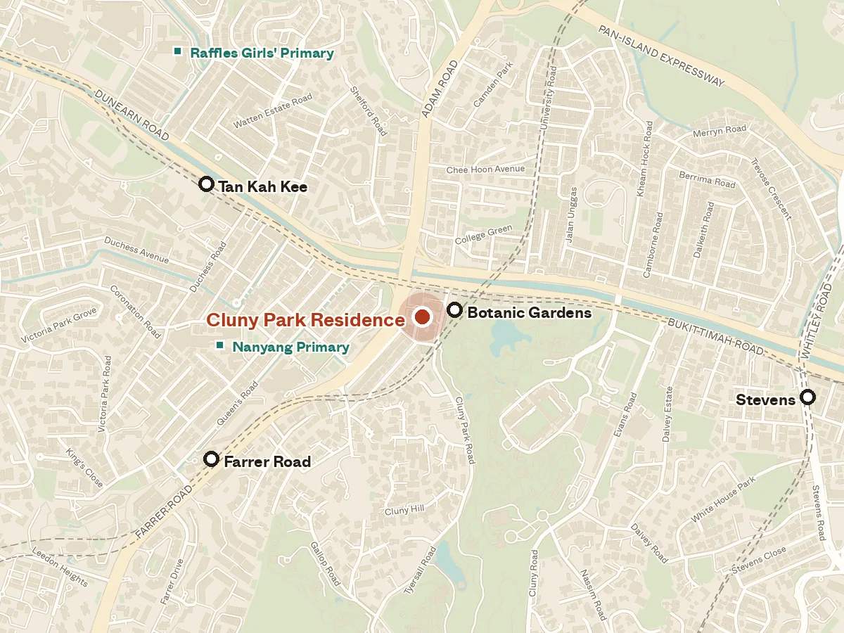 Map of the area around Cluny Park Residence, with nearby MRT stations and primary schools