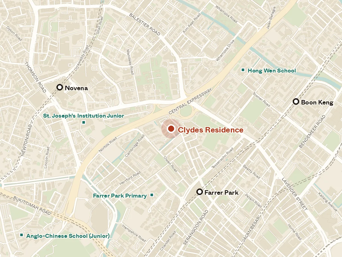 Map of the area around Clydes Residence, with nearby MRT stations and primary schools