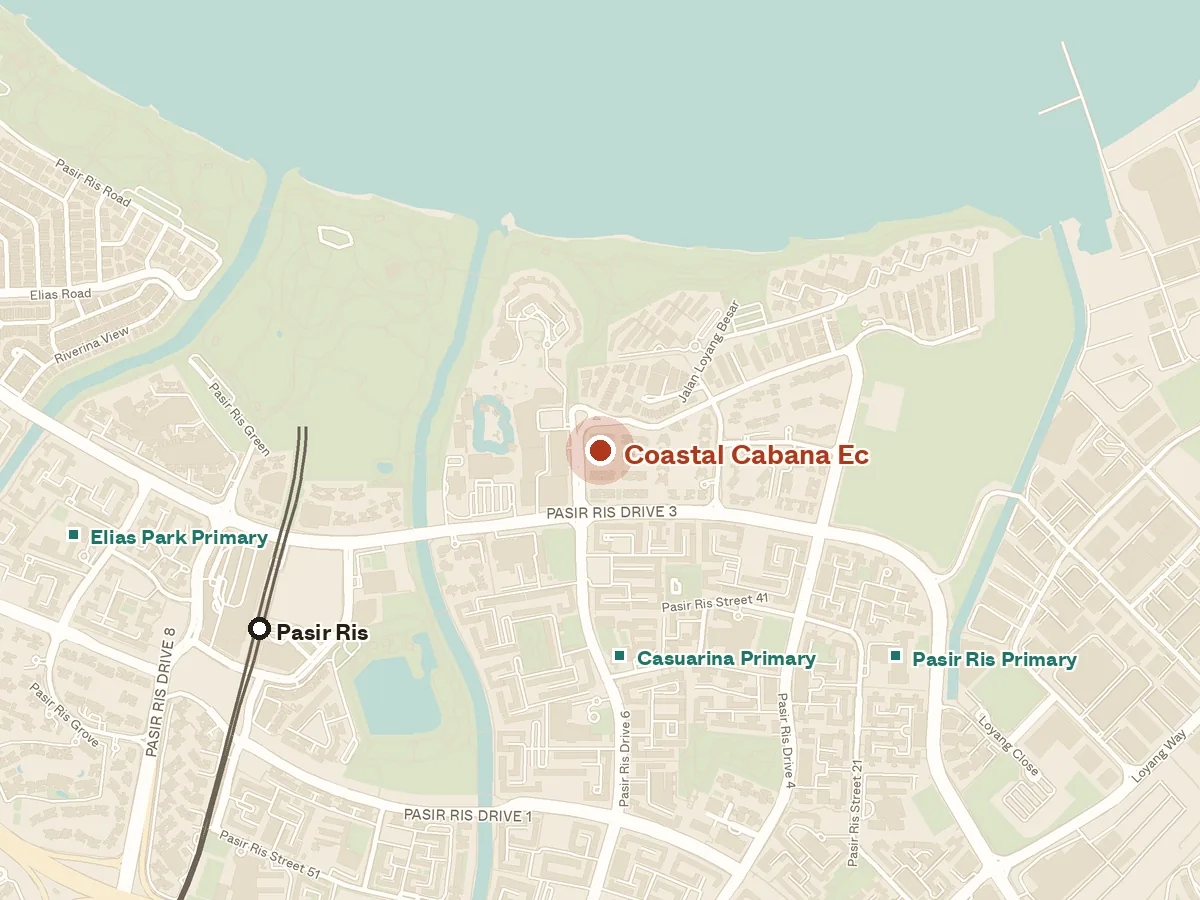 Map of the area around Coastal Cabana Ec, with nearby MRT stations and primary schools
