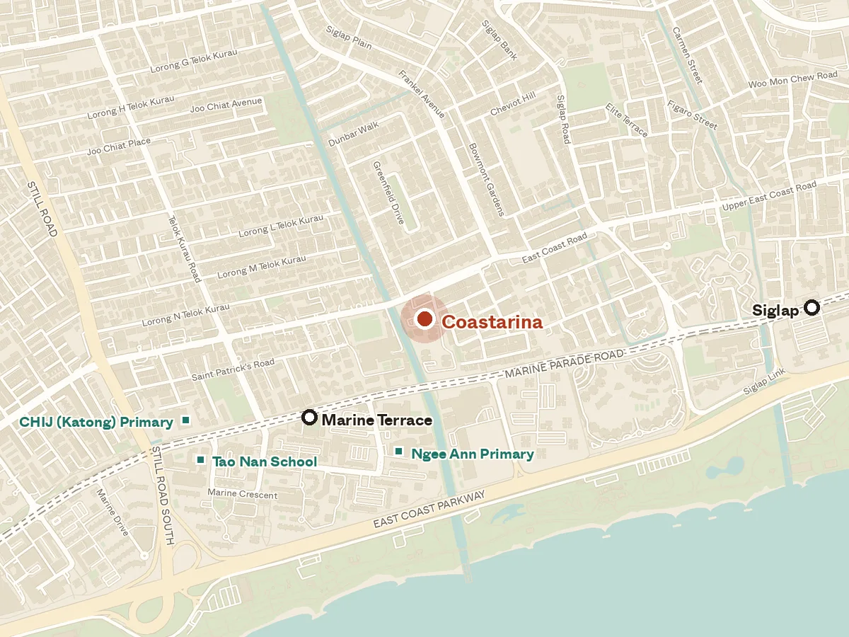 Map of the area around Coastarina, with nearby MRT stations and primary schools