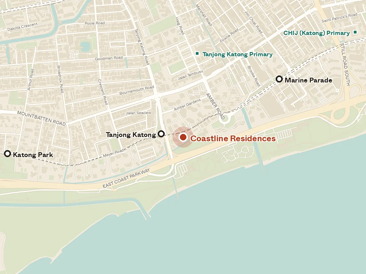 Map of the area around Coastline Residences, with nearby MRT stations and primary schools