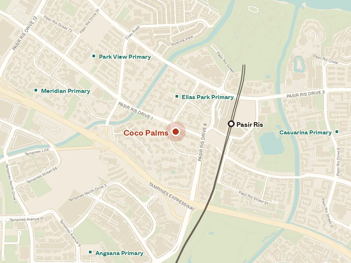 Map of the area around Coco Palms, with nearby MRT stations and primary schools