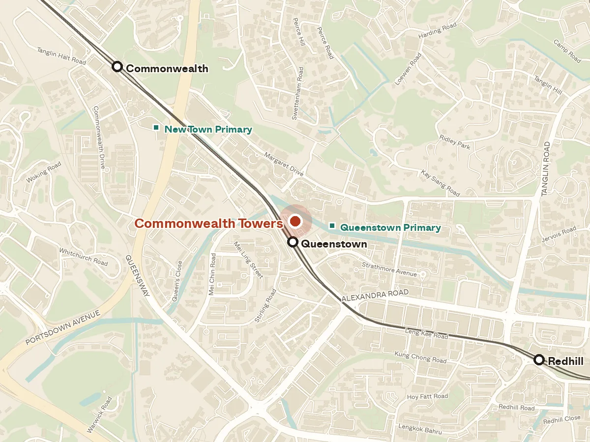 Map of the area around Commonwealth Towers, with nearby MRT stations and primary schools