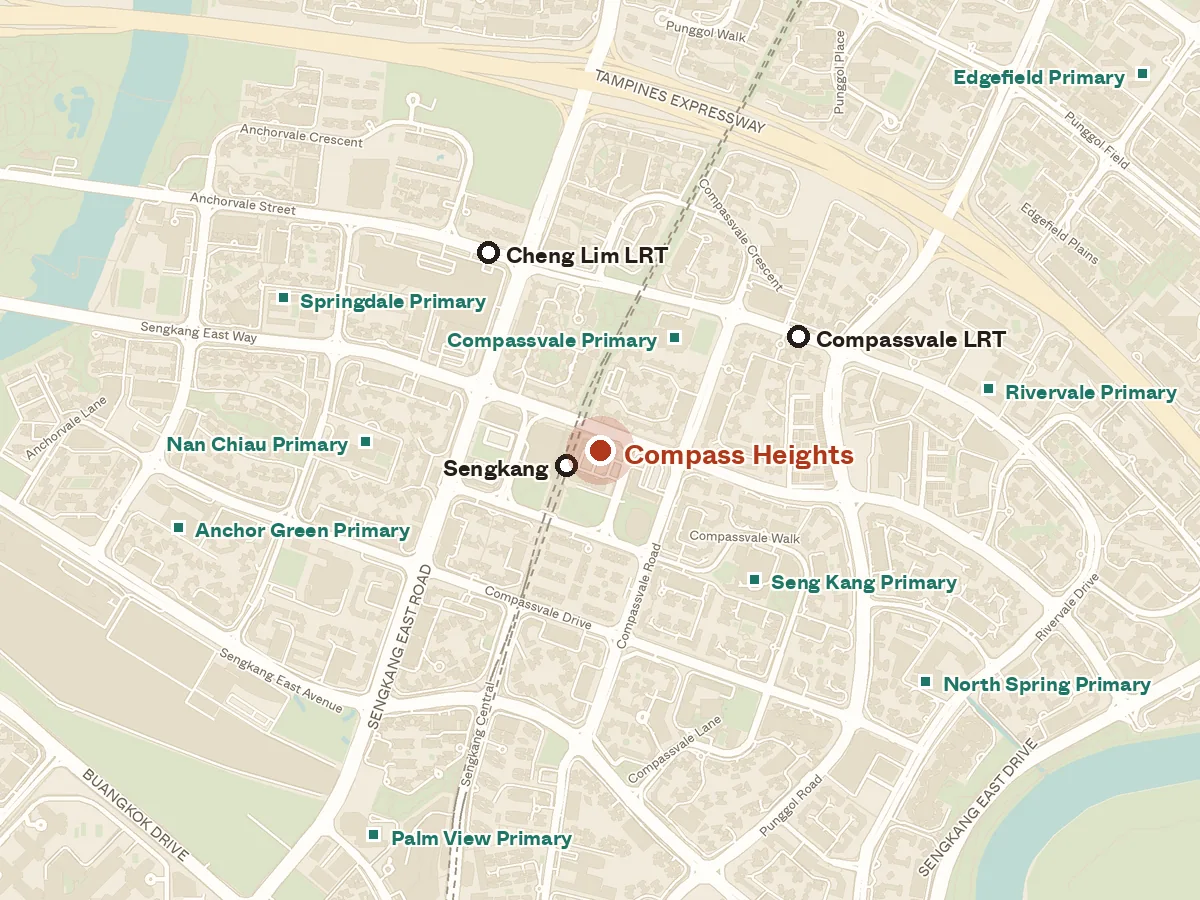 Map of the area around Compass Heights, with nearby MRT stations and primary schools