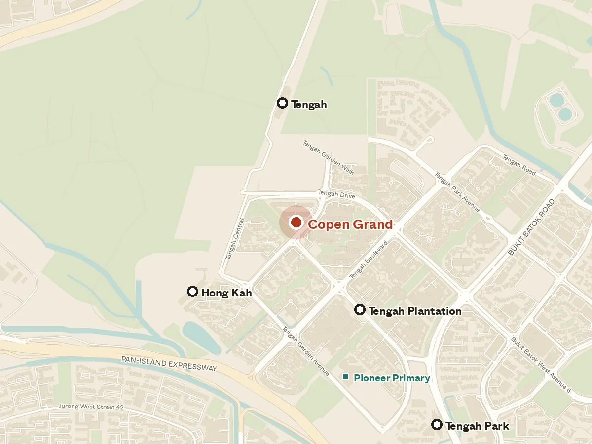 Map of the area around Copen Grand, with nearby MRT stations and primary schools