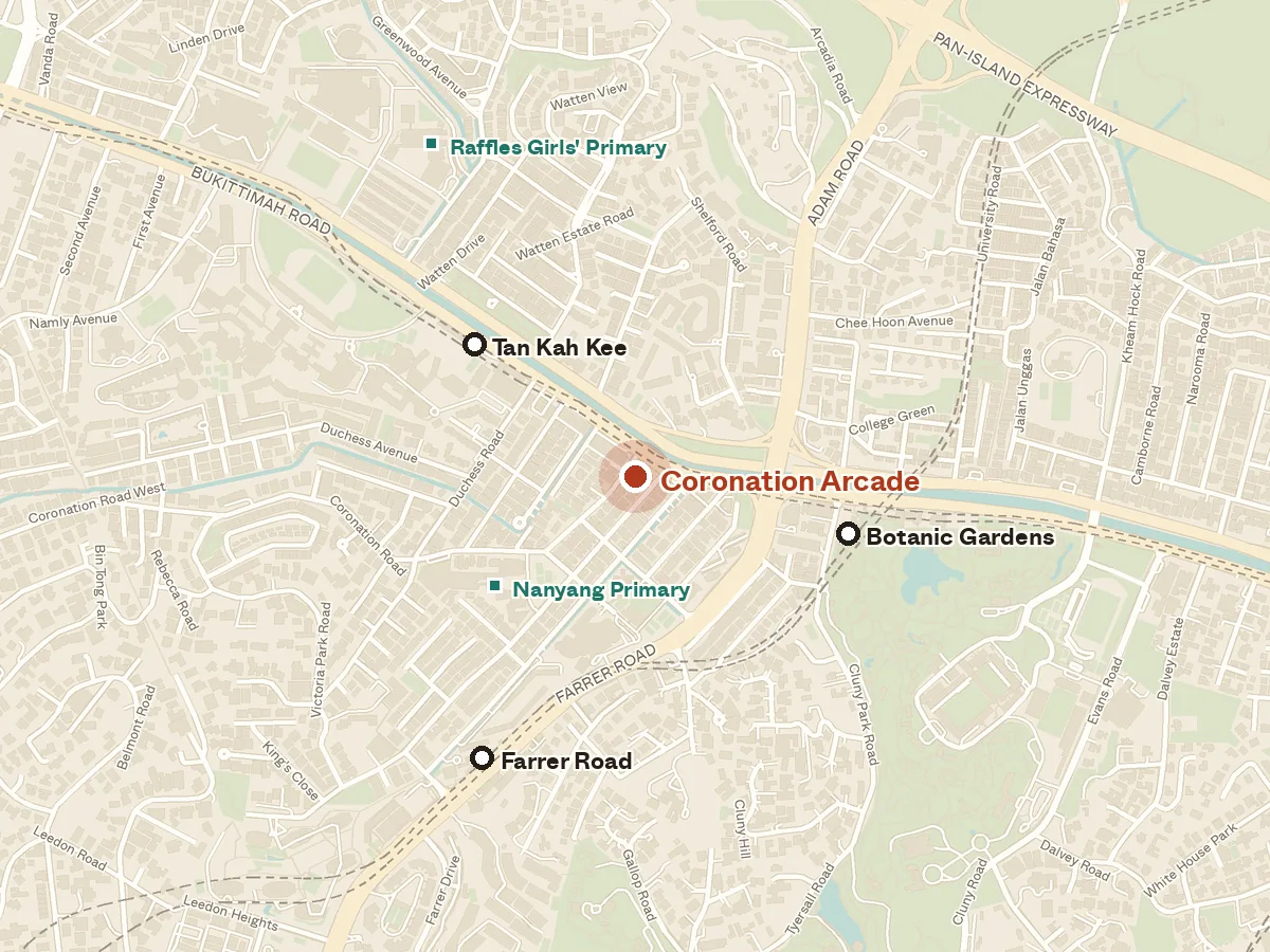Map of the area around Coronation Arcade, with nearby MRT stations and primary schools