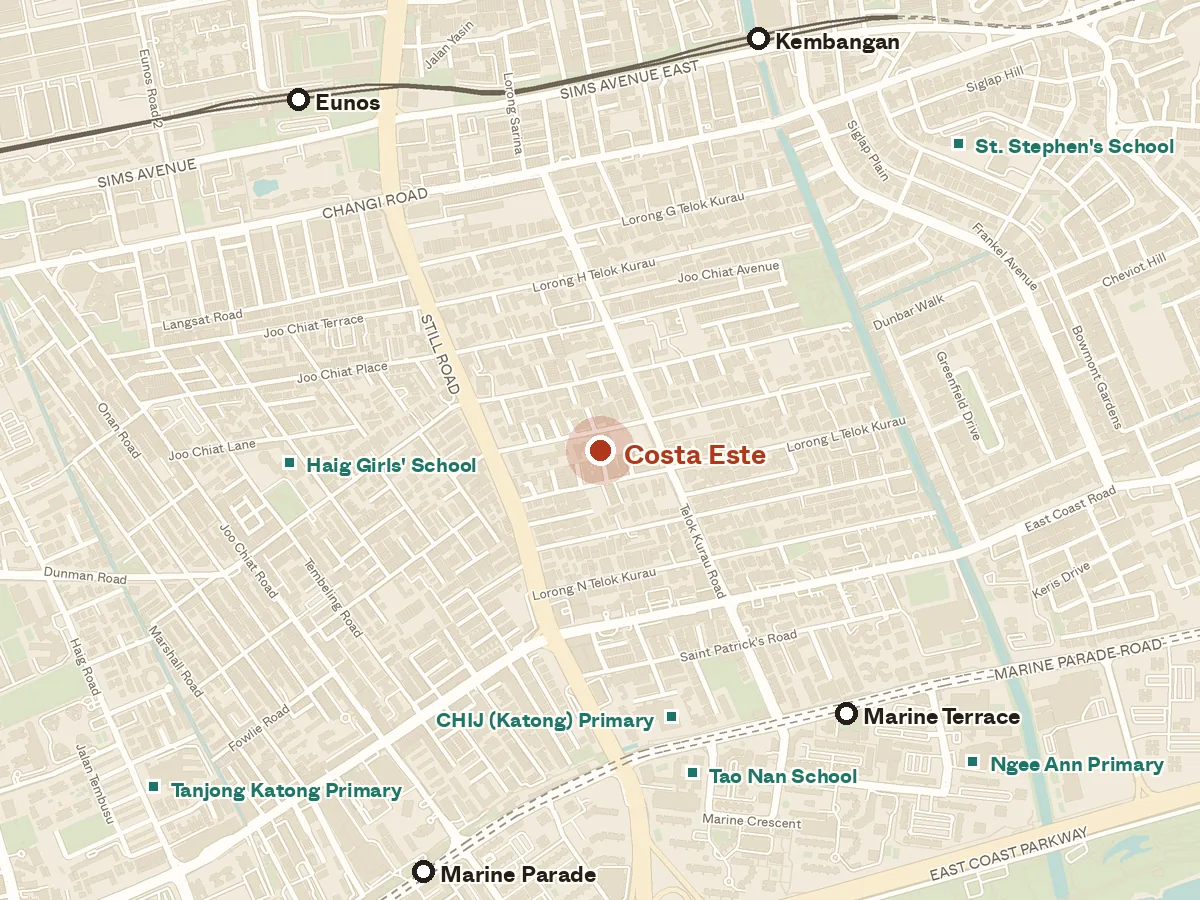 Map of the area around Costa Este, with nearby MRT stations and primary schools
