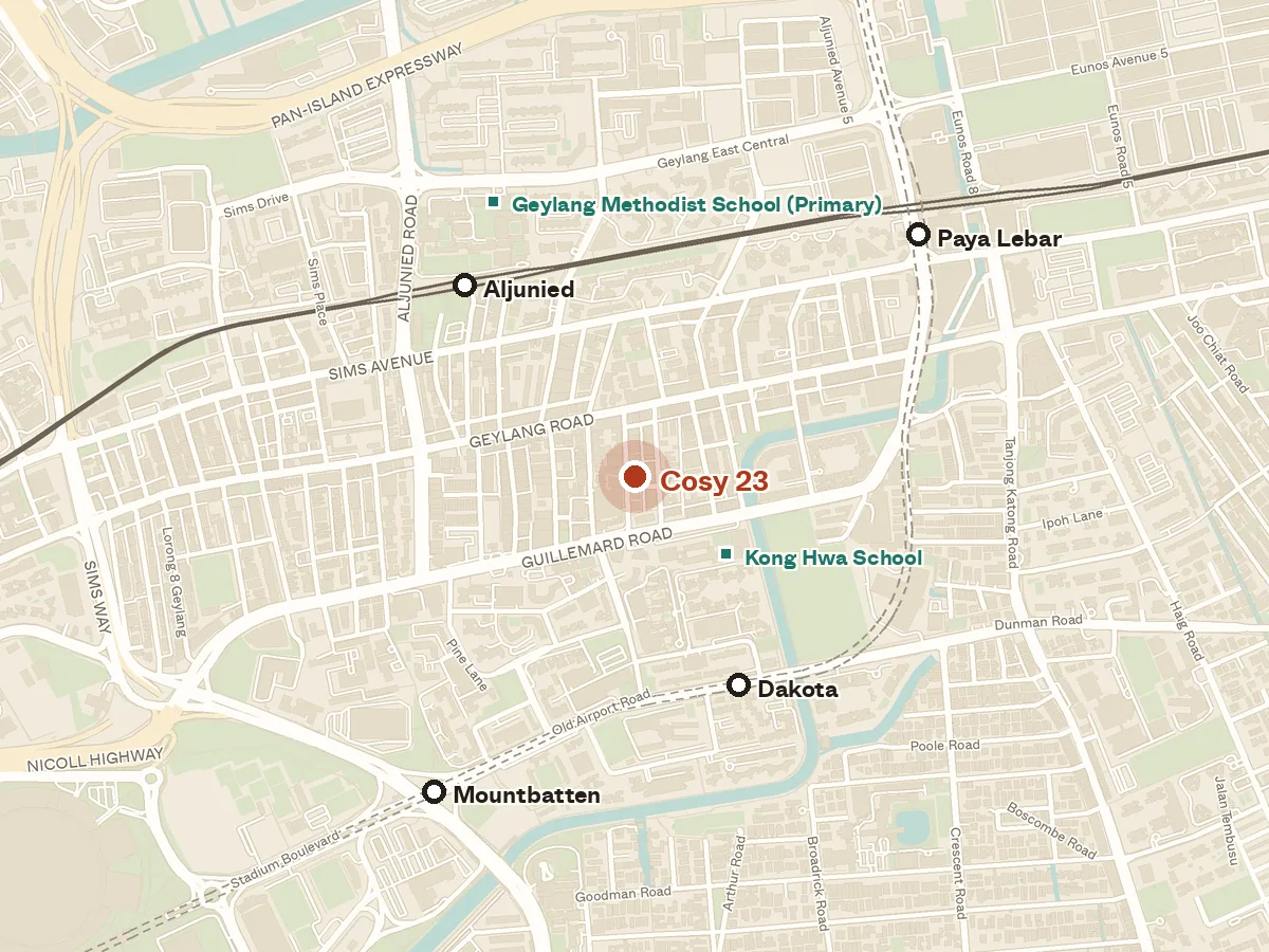 Map of the area around Cosy 23, with nearby MRT stations and primary schools