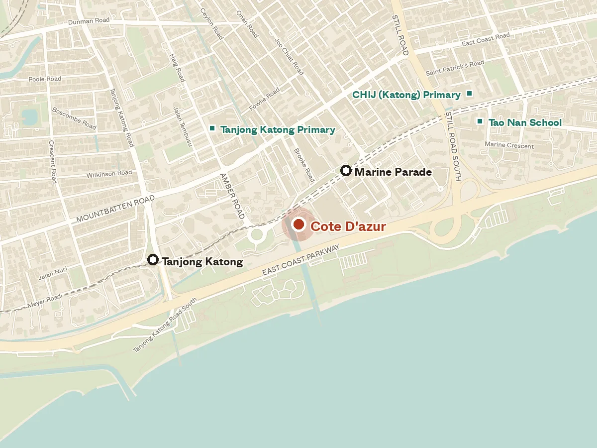 Map of the area around Cote D'azur, with nearby MRT stations and primary schools