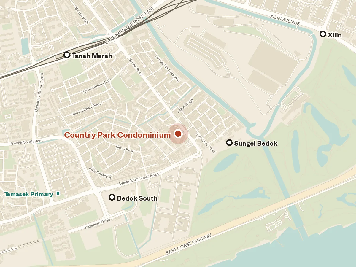 Map of the area around Country Park Condominium, with nearby MRT stations and primary schools