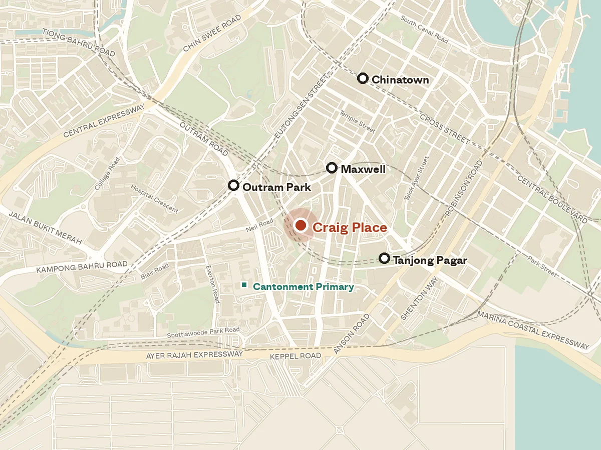 Map of the area around Craig Place, with nearby MRT stations and primary schools