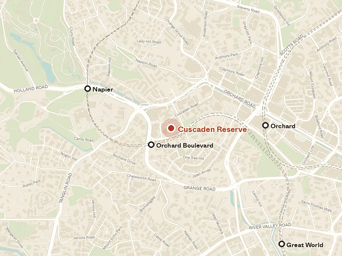 Map of the area around Cuscaden Reserve, with nearby MRT stations and primary schools