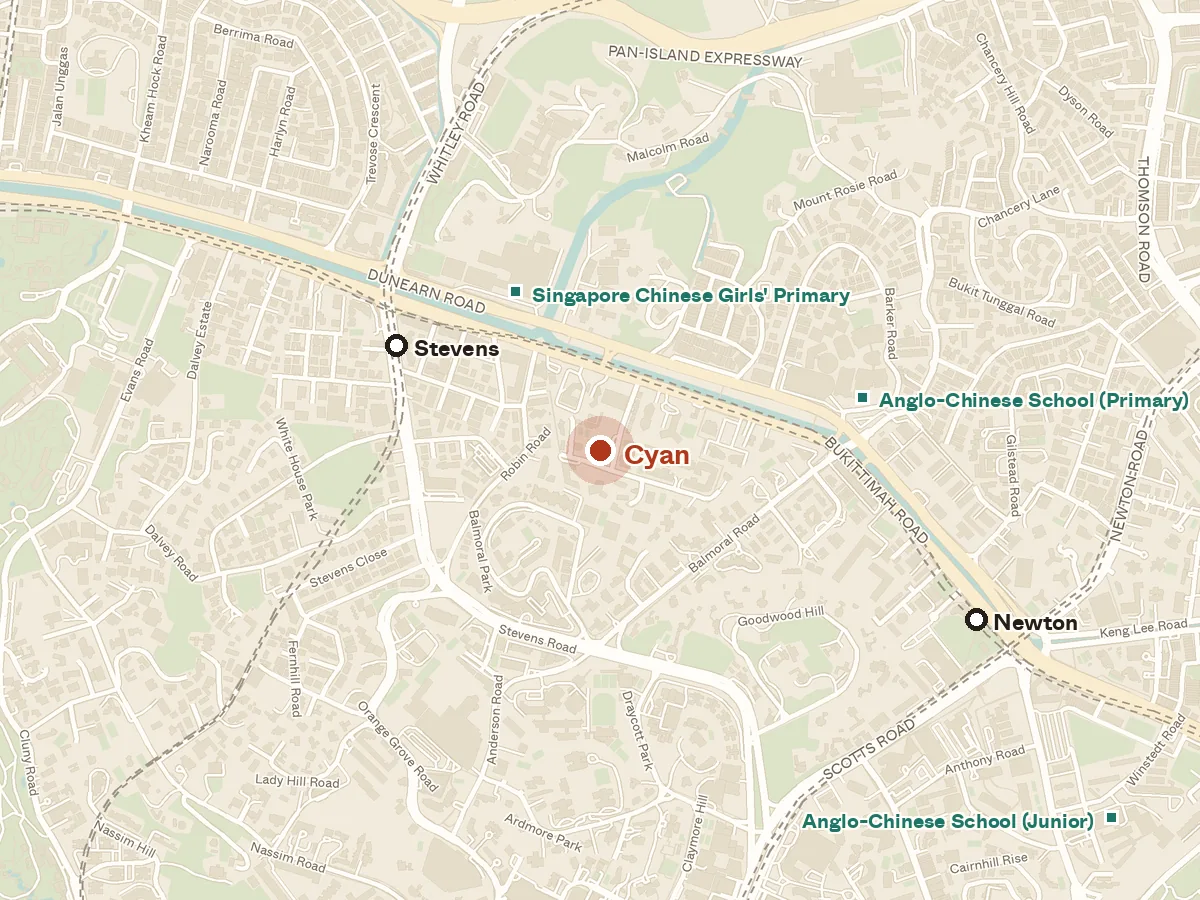 Map of the area around Cyan, with nearby MRT stations and primary schools