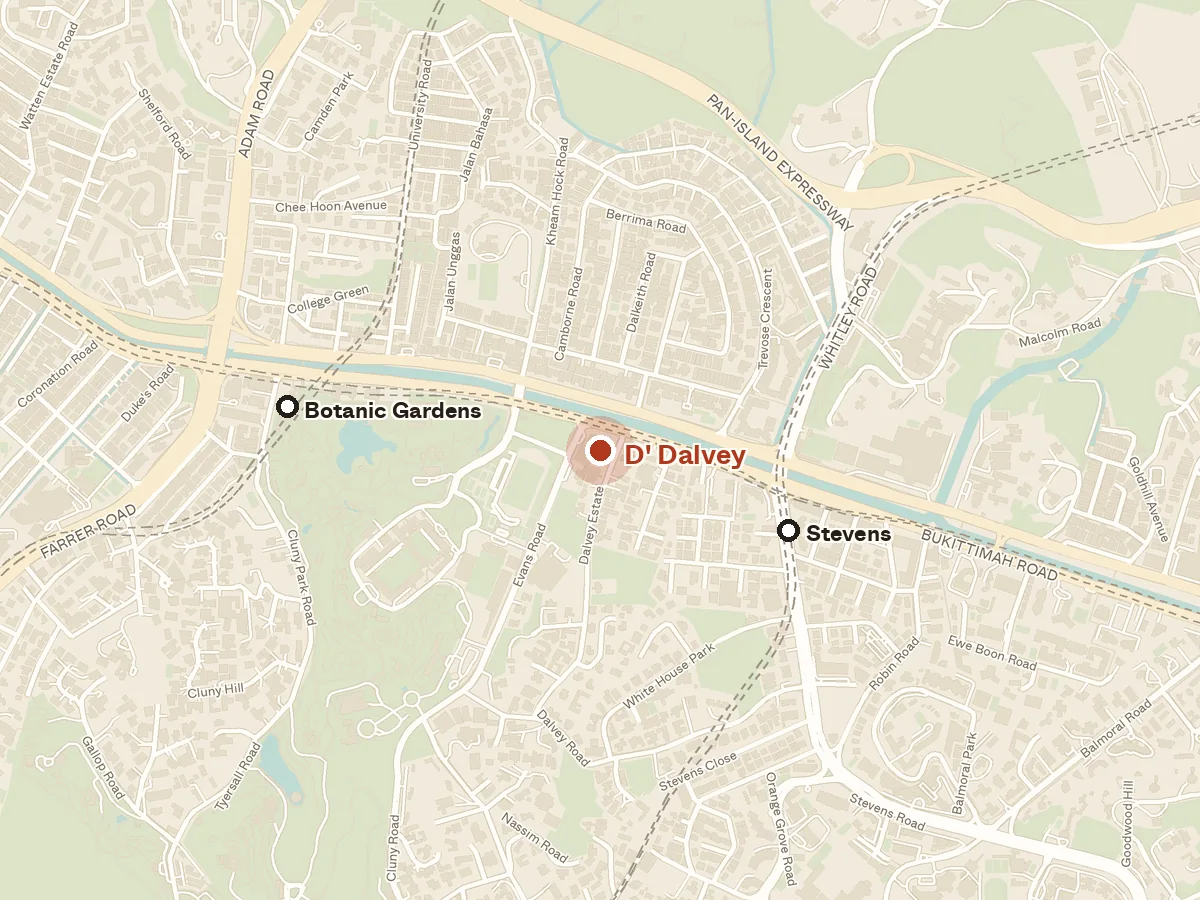 Map of the area around D' Dalvey, with nearby MRT stations and primary schools