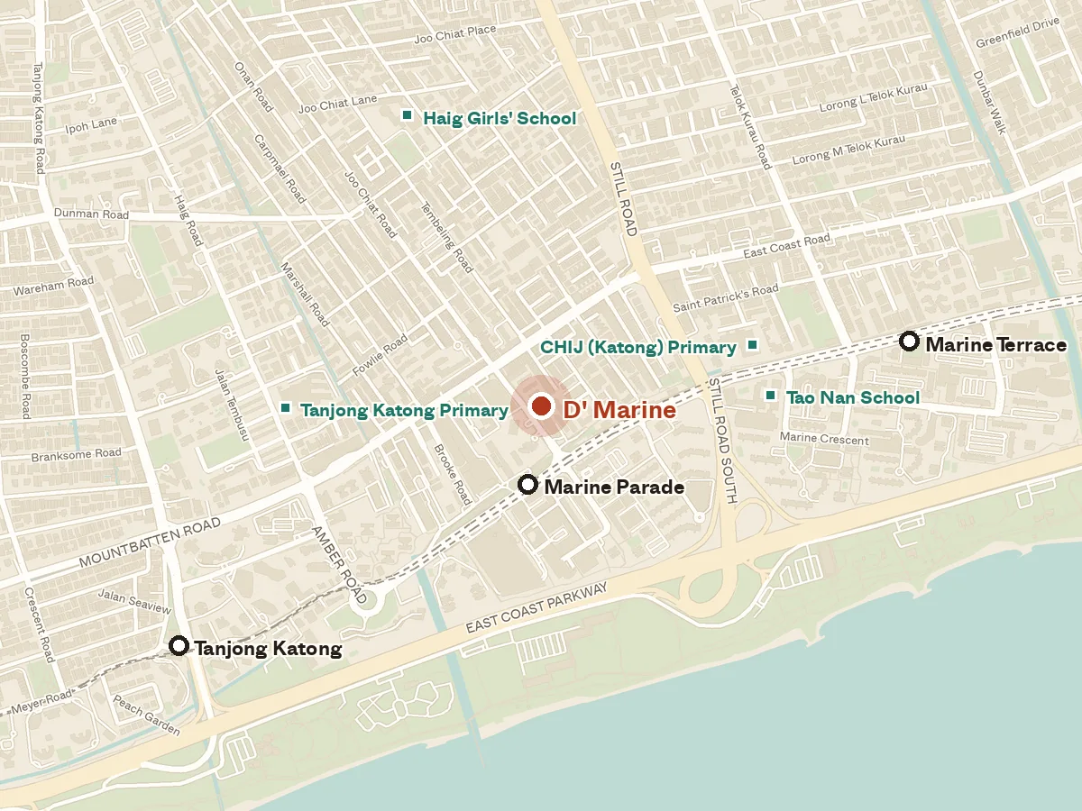 Map of the area around D' Marine, with nearby MRT stations and primary schools
