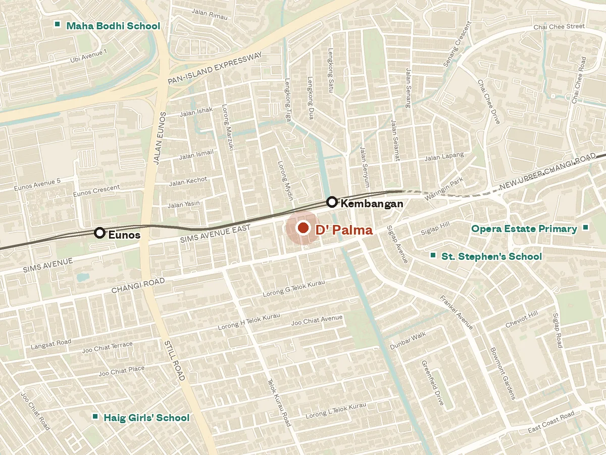 Map of the area around D' Palma, with nearby MRT stations and primary schools