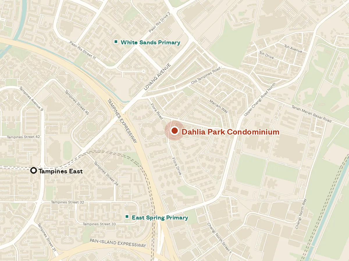 Map of the area around Dahlia Park Condominium, with nearby MRT stations and primary schools