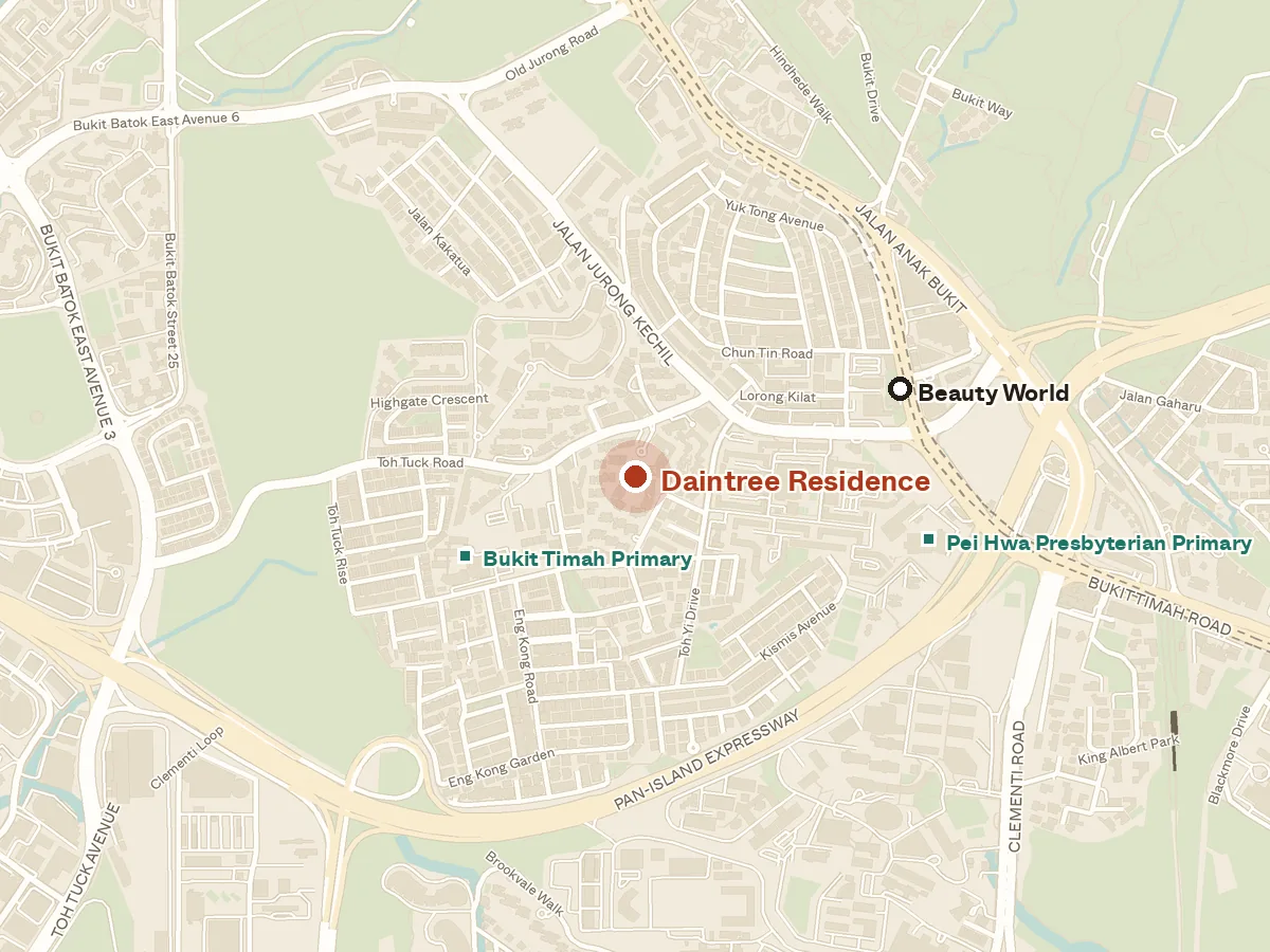 Map of the area around Daintree Residence, with nearby MRT stations and primary schools