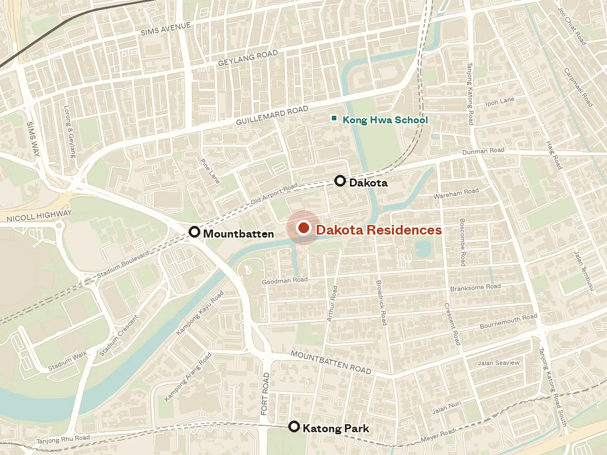 Map of the area around Dakota Residences, with nearby MRT stations and primary schools