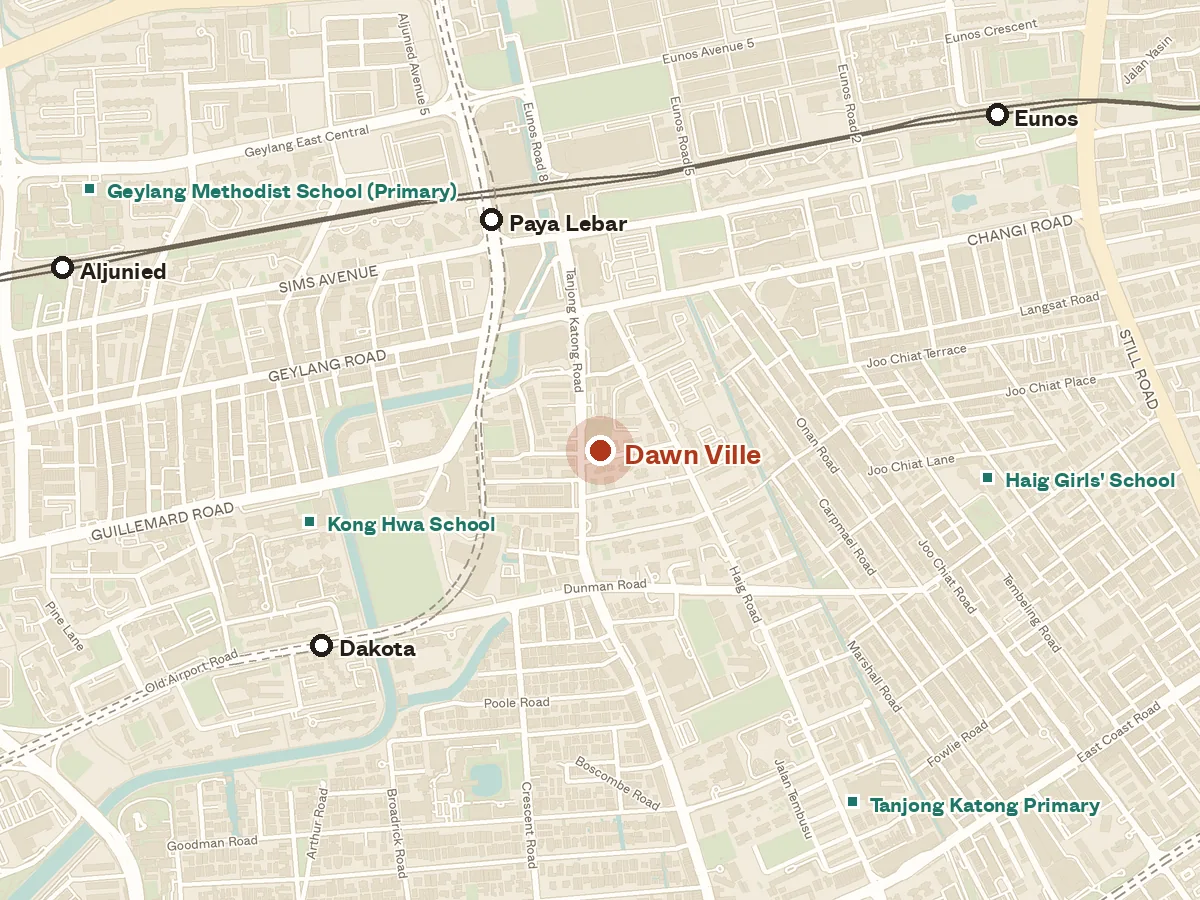 Map of the area around Dawn Ville, with nearby MRT stations and primary schools