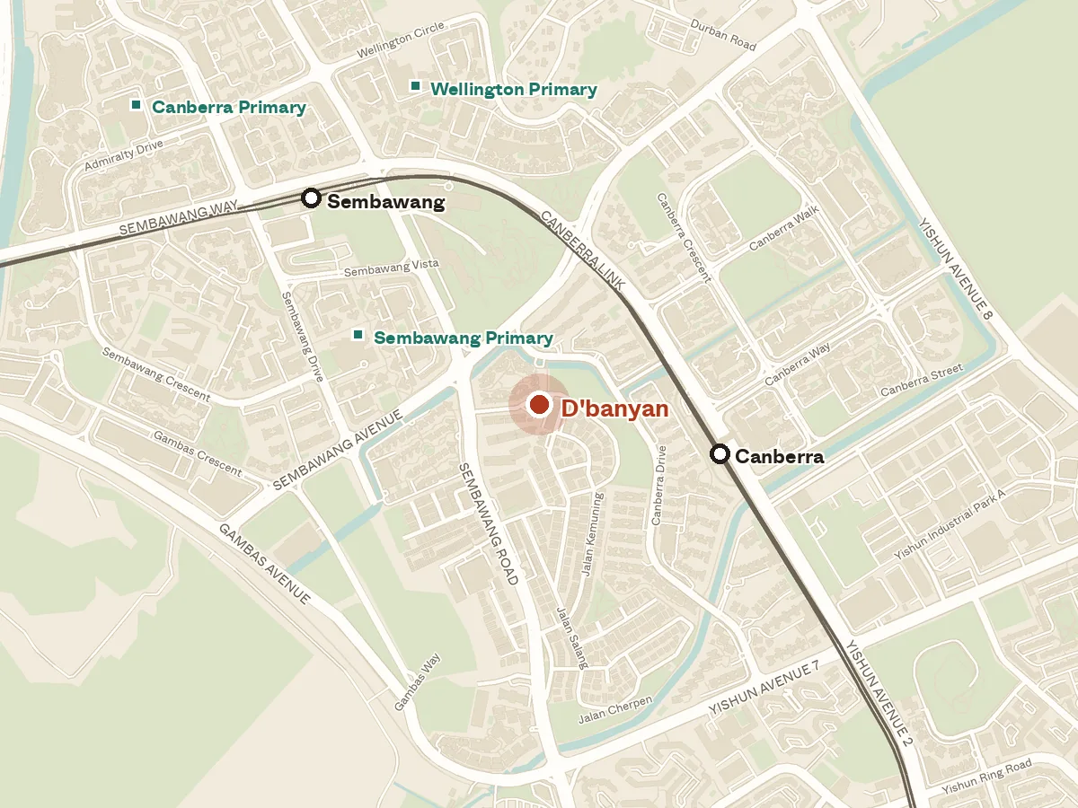 Map of the area around D'banyan, with nearby MRT stations and primary schools