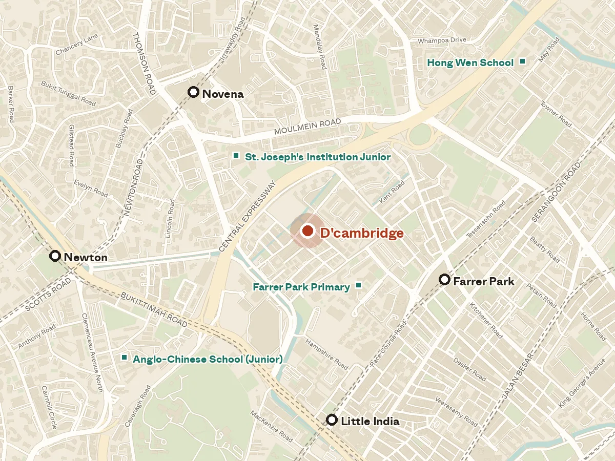 Map of the area around D'cambridge, with nearby MRT stations and primary schools
