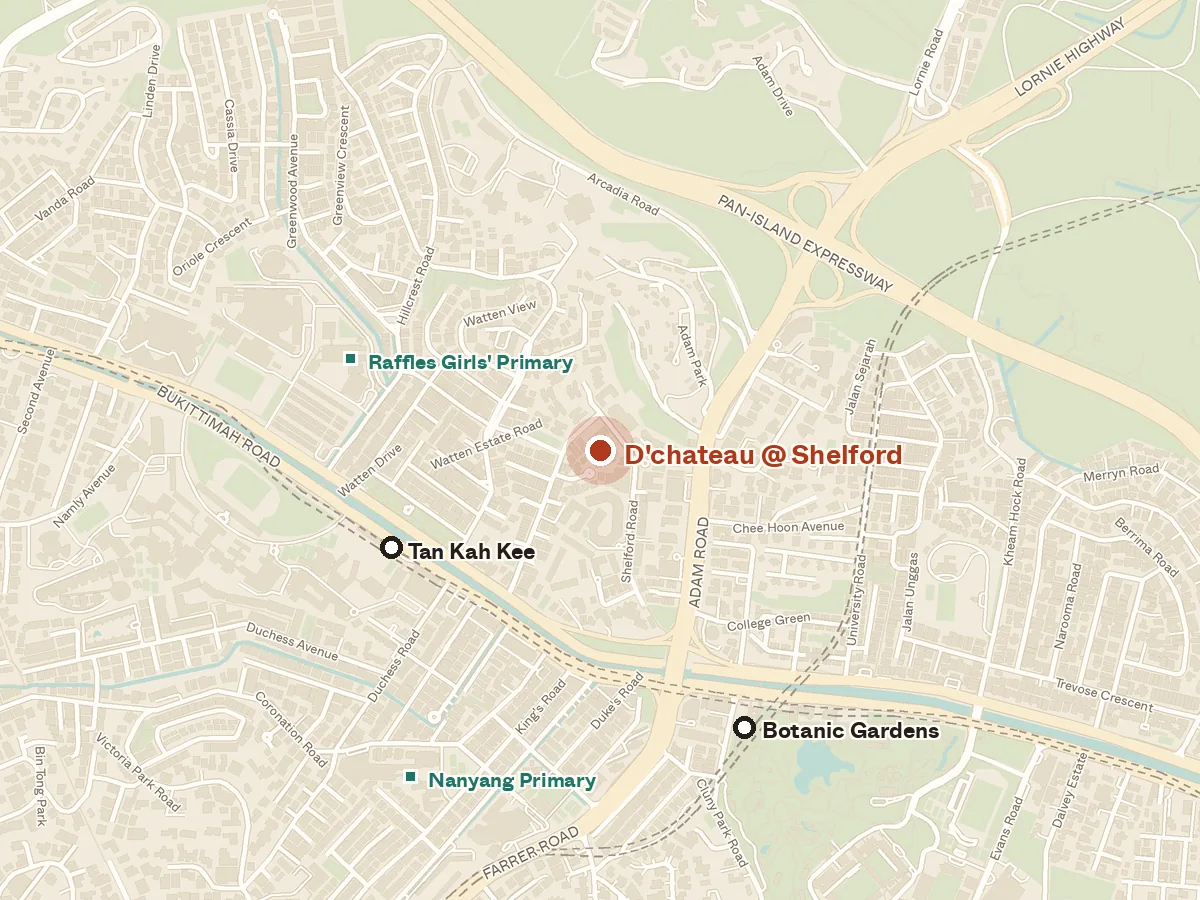 Map of the area around D'chateau @ Shelford, with nearby MRT stations and primary schools