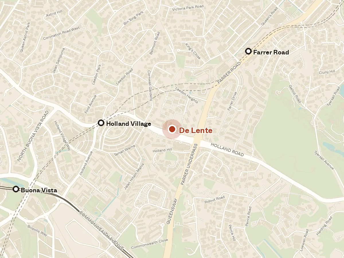 Map of the area around De Lente, with nearby MRT stations and primary schools