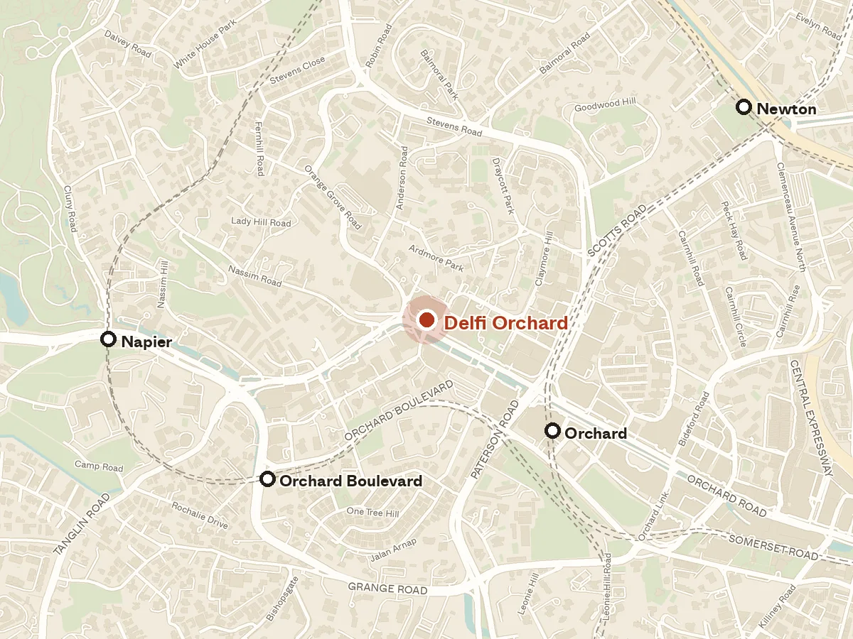 Map of the area around Delfi Orchard, with nearby MRT stations and primary schools