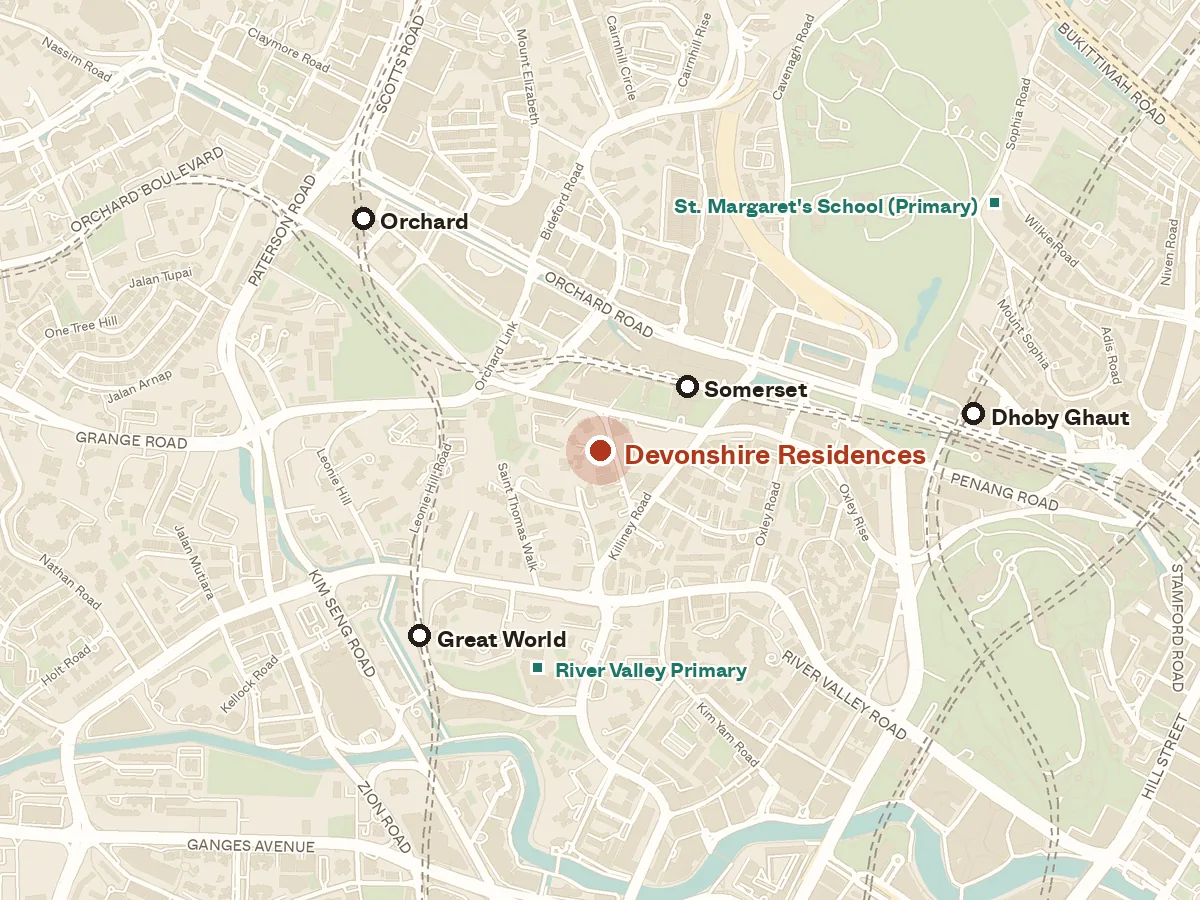 Map of the area around Devonshire Residences, with nearby MRT stations and primary schools