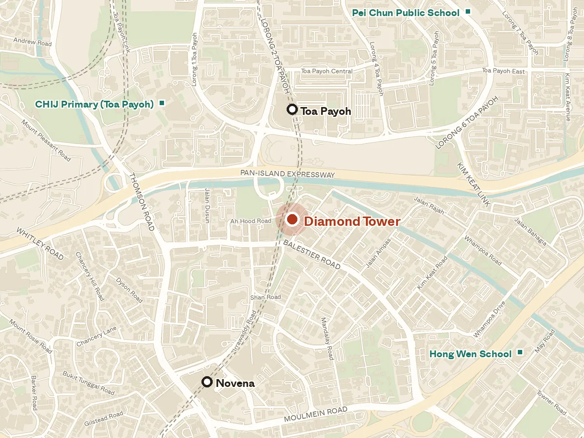 Map of the area around Diamond Tower, with nearby MRT stations and primary schools