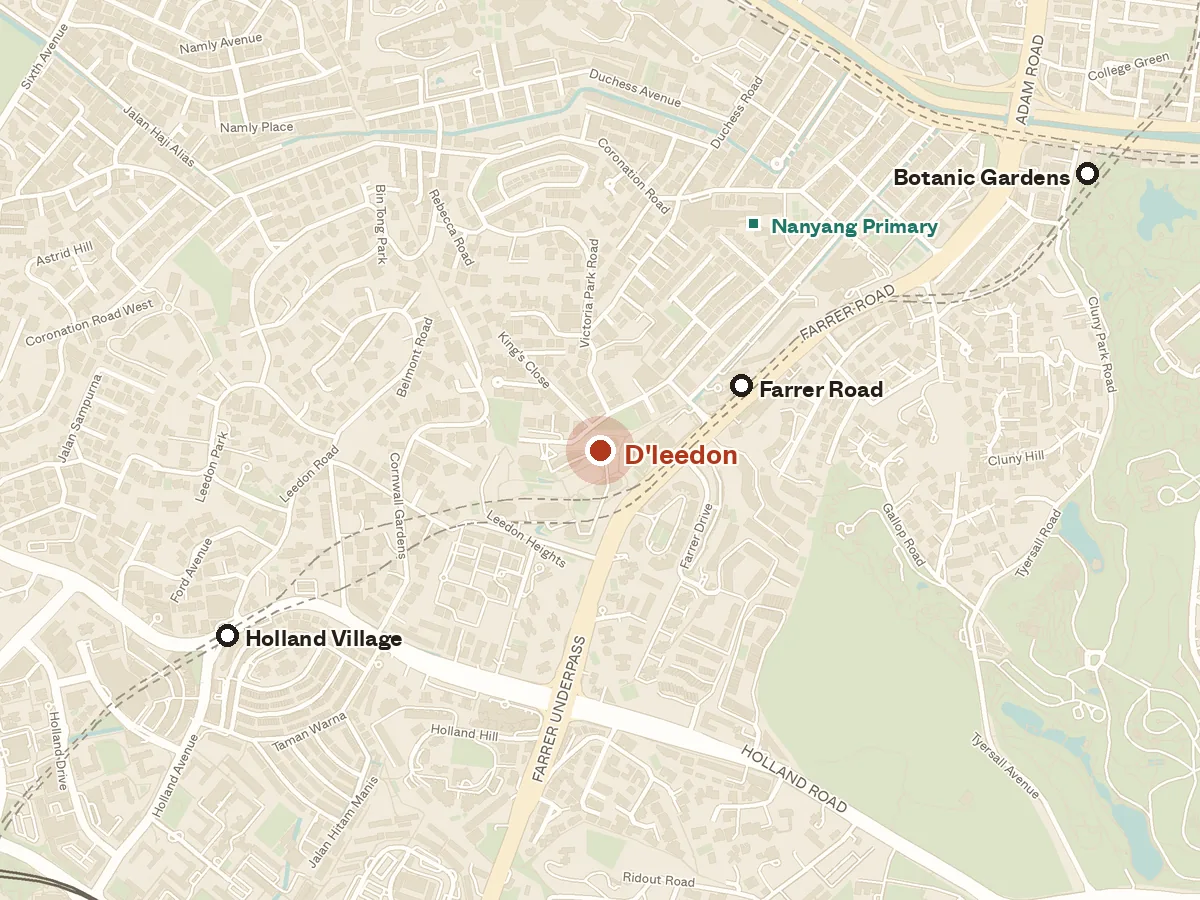 Map of the area around D'leedon, with nearby MRT stations and primary schools