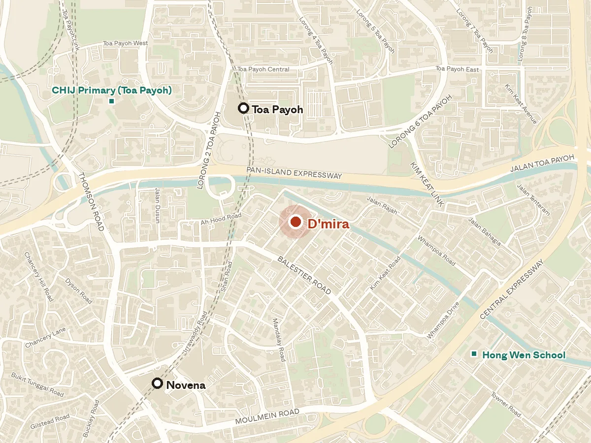 Map of the area around D'mira, with nearby MRT stations and primary schools